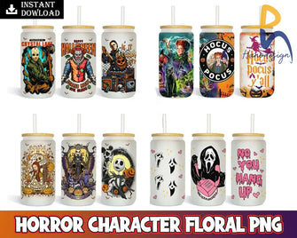 Horror Characters Floral Png Designs 16Oz Libbey Glass Can Tumbler Bundle Svg Instant Download Svg